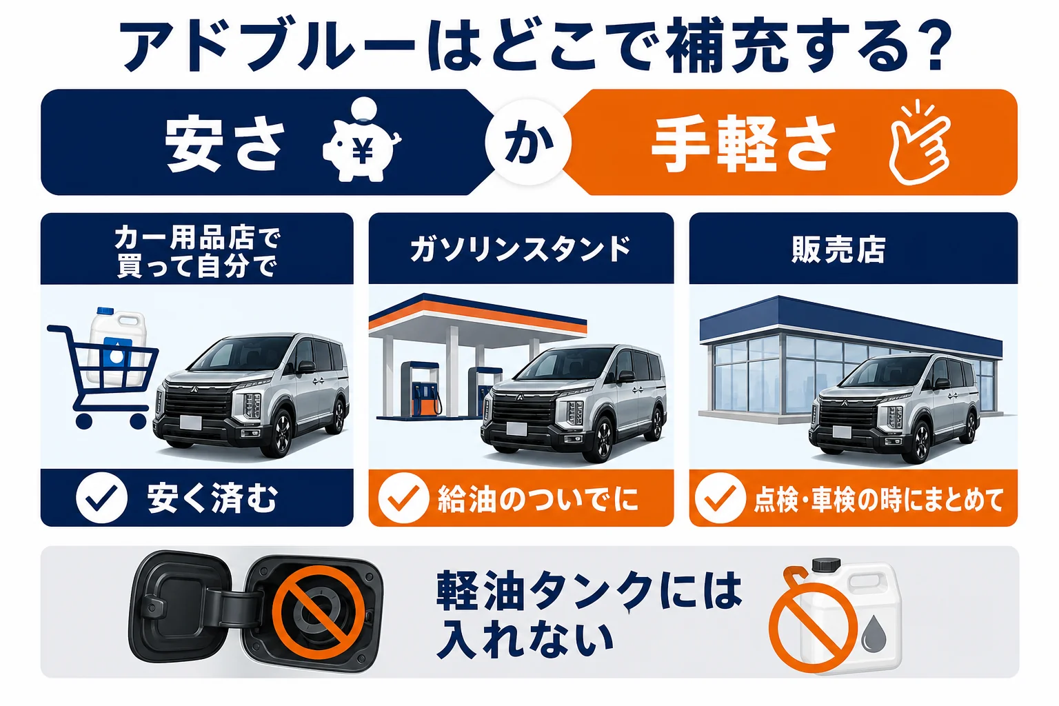 アドブルーを補充する場所ごとの違いの図解