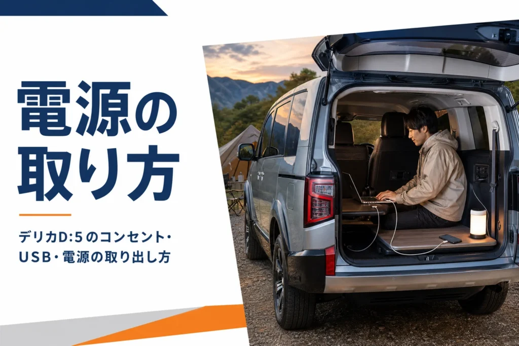 デリカD:5の車内でスマホとパソコンを充電するイメージ