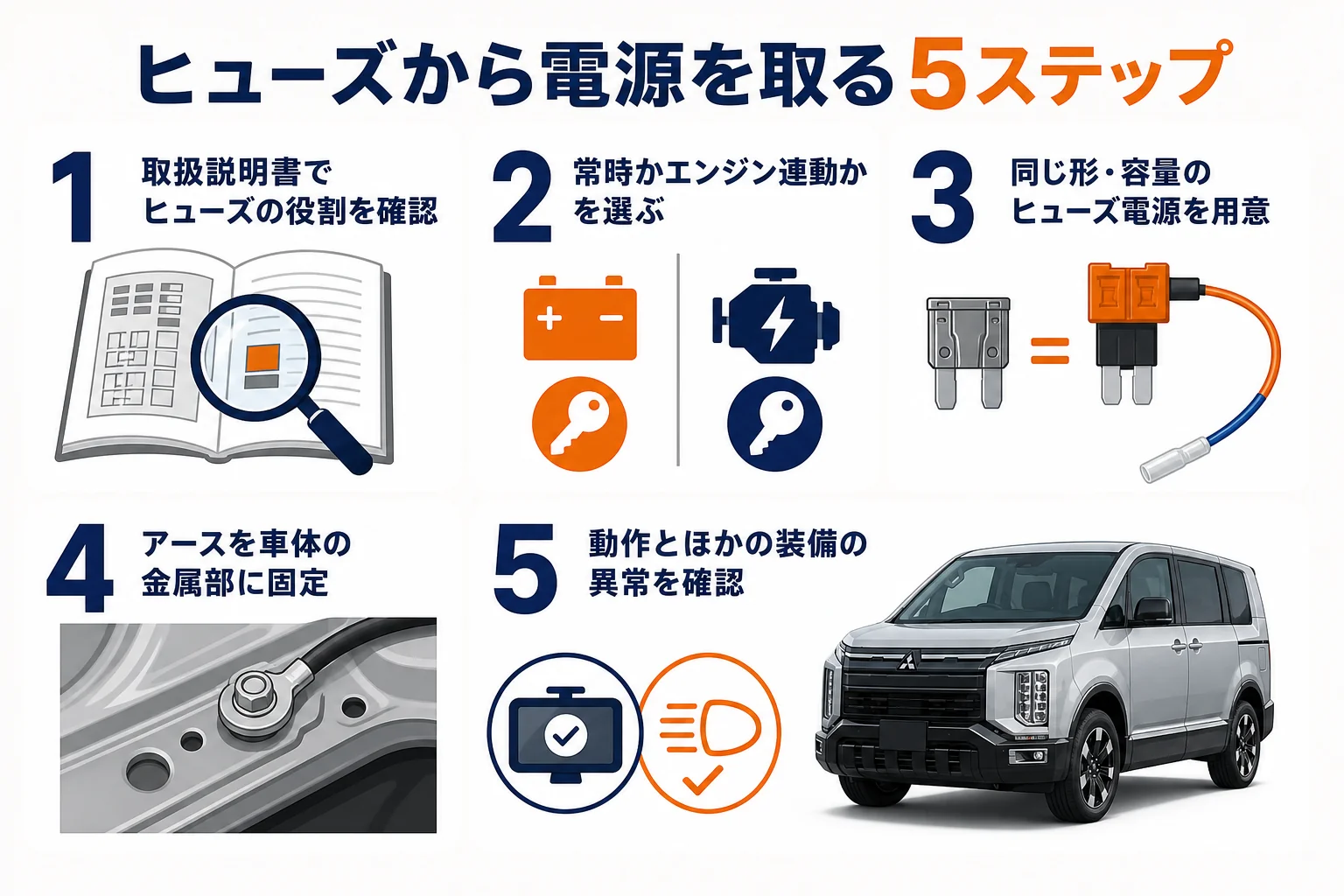 ヒューズボックスから電源を取り出す手順を示した図