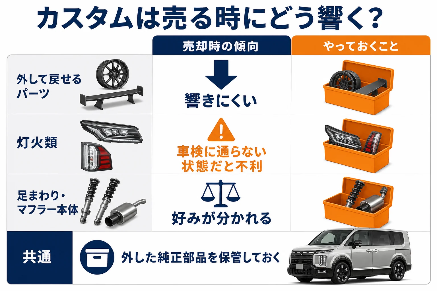 カスタムの種類ごとに売る時の影響と純正部品の保管をまとめた図