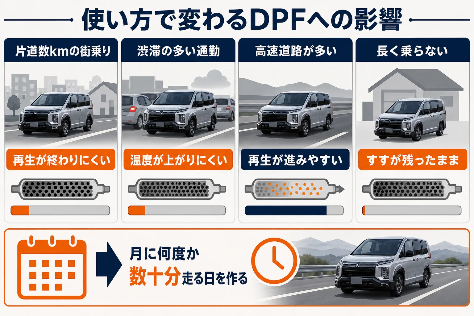 使い方ごとのDPFへの影響を示した図解