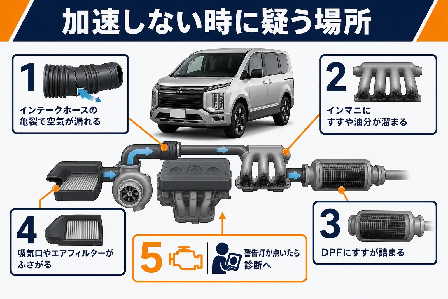 アクセルを踏んでも加速しない時に疑う場所の図解