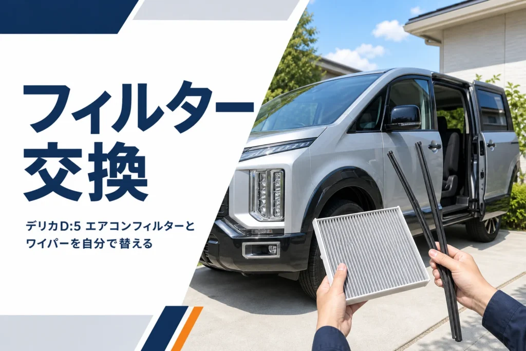 新しいエアコンフィルターとワイパーゴムを手に持つメンテナンスのイメージ