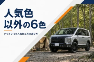 キャンプ場に停まったシルバーのデリカD:5のイメージ