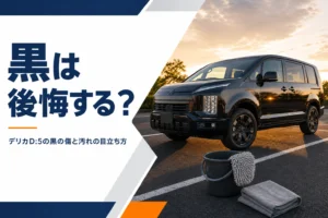 黒いデリカD:5のボディと洗車道具のイメージ