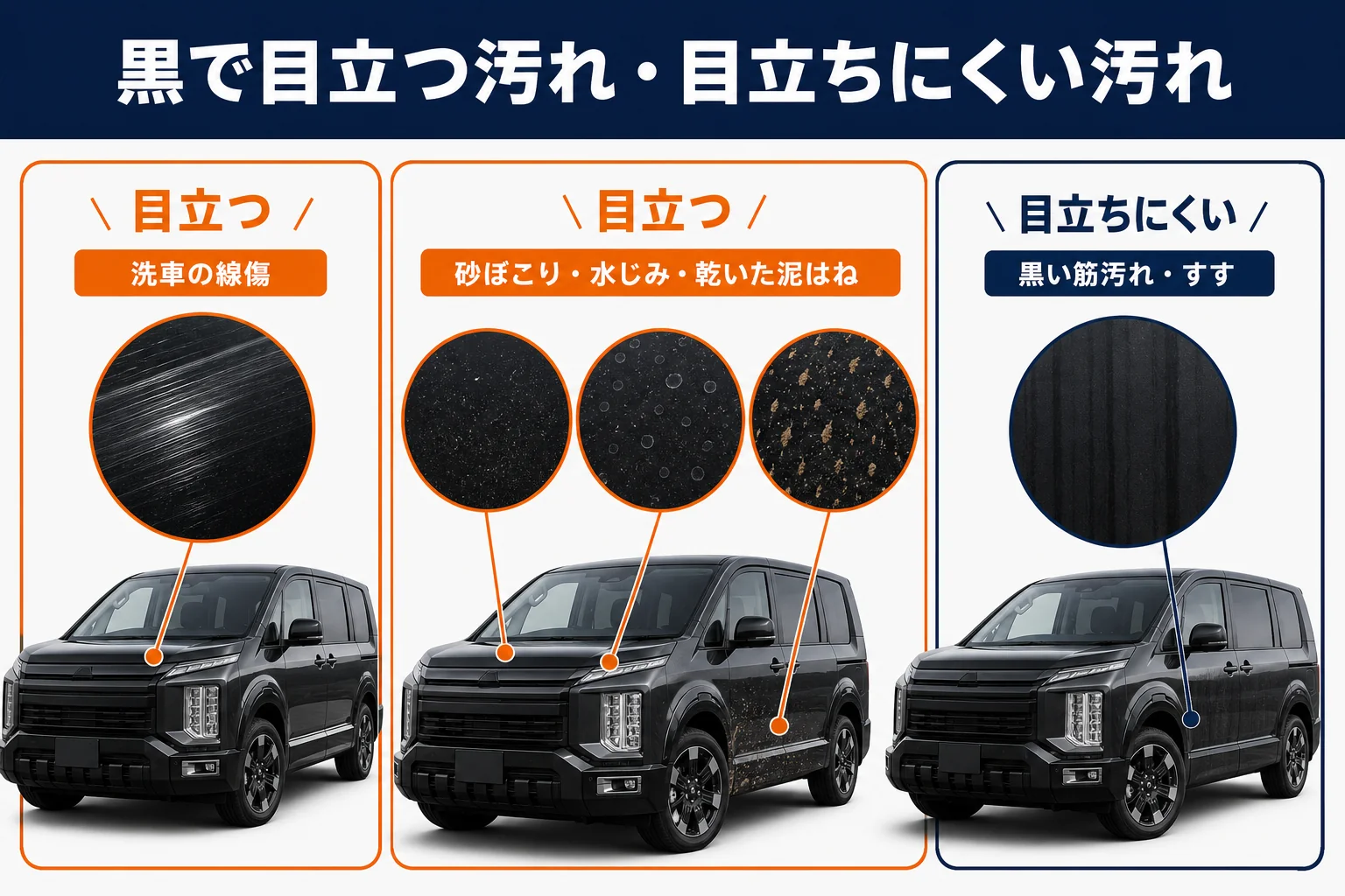 デリカD:5の黒で目立つ汚れと目立ちにくい汚れを比べた図解
