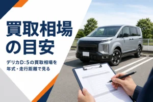 4WDミニバンを査定するスタッフの手元