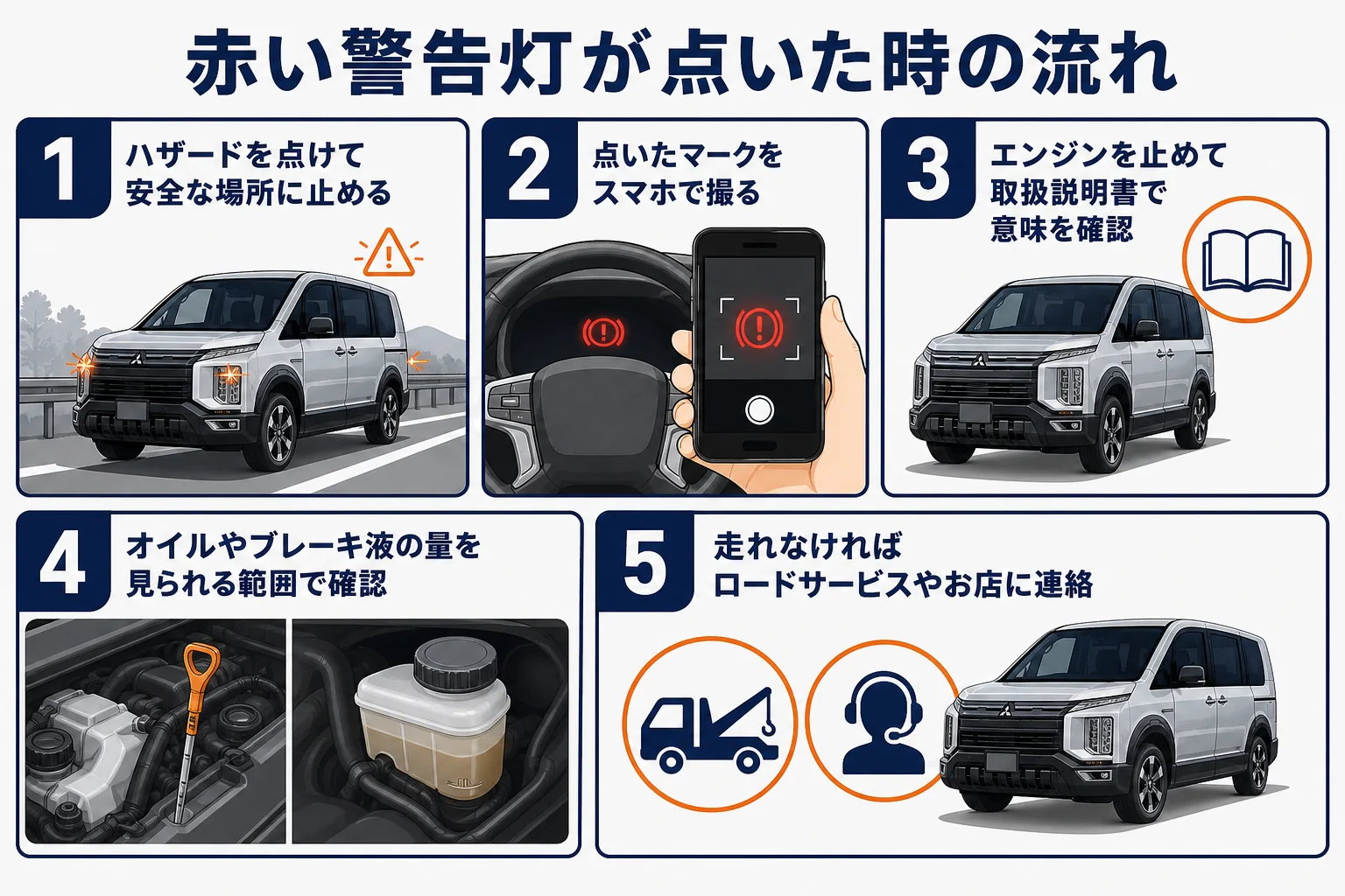 警告灯が点いた時の対処の流れを示した図解