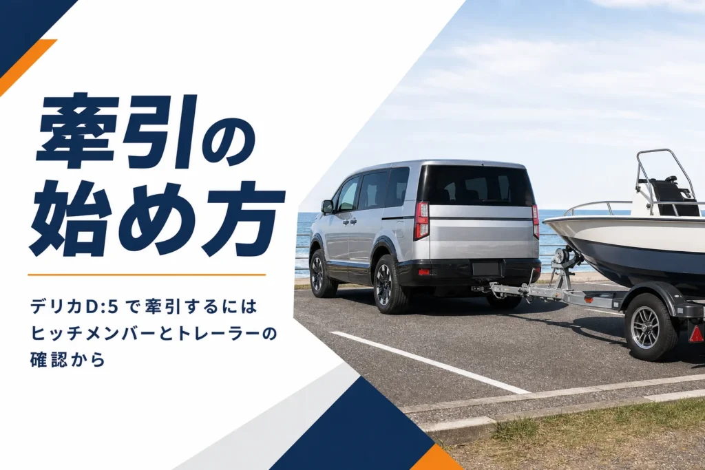 ミニバンの後ろに小型ボートのトレーラーをつないだイメージ