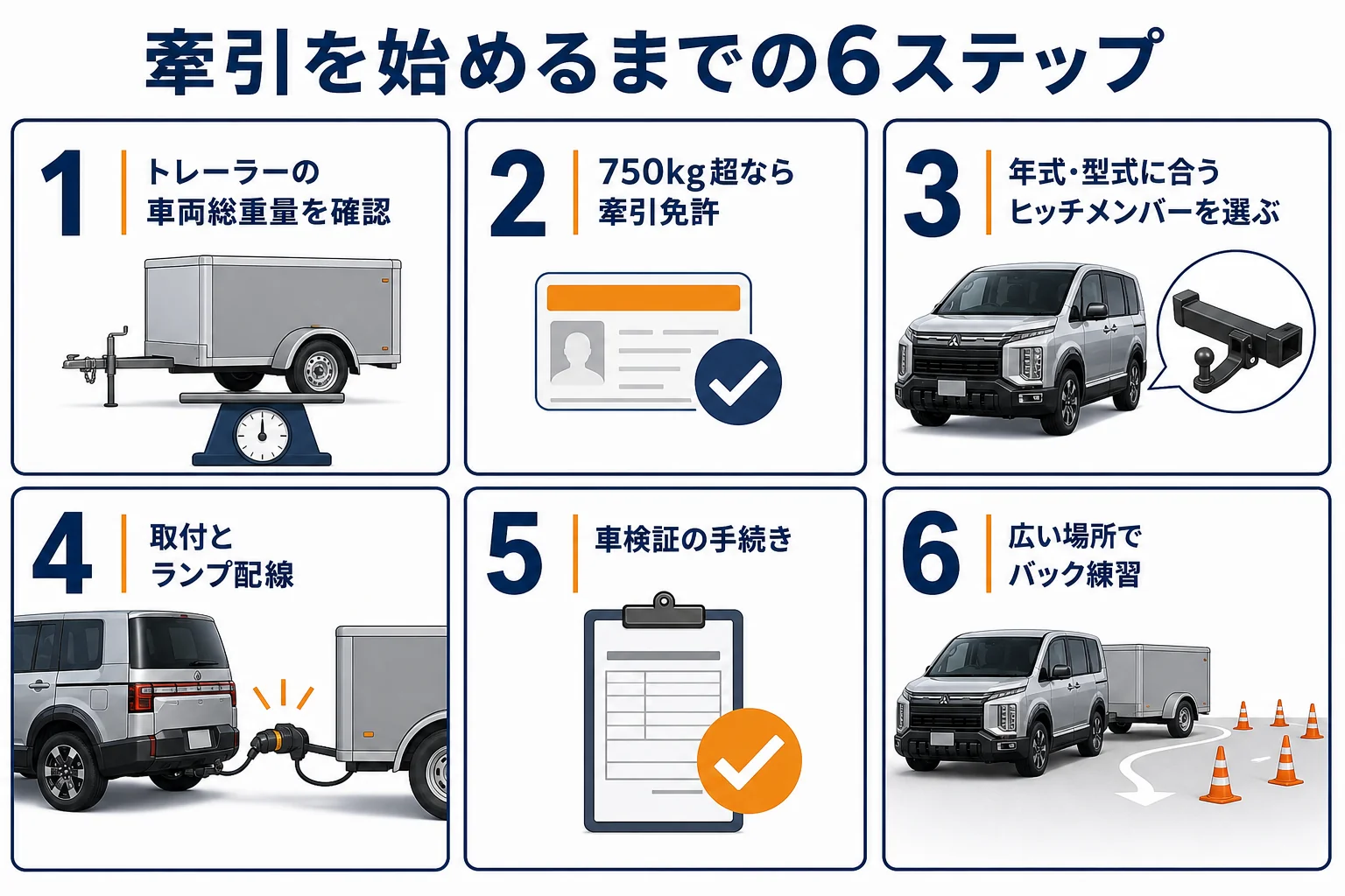デリカD:5で牽引を始めるまでの手順を示した図解