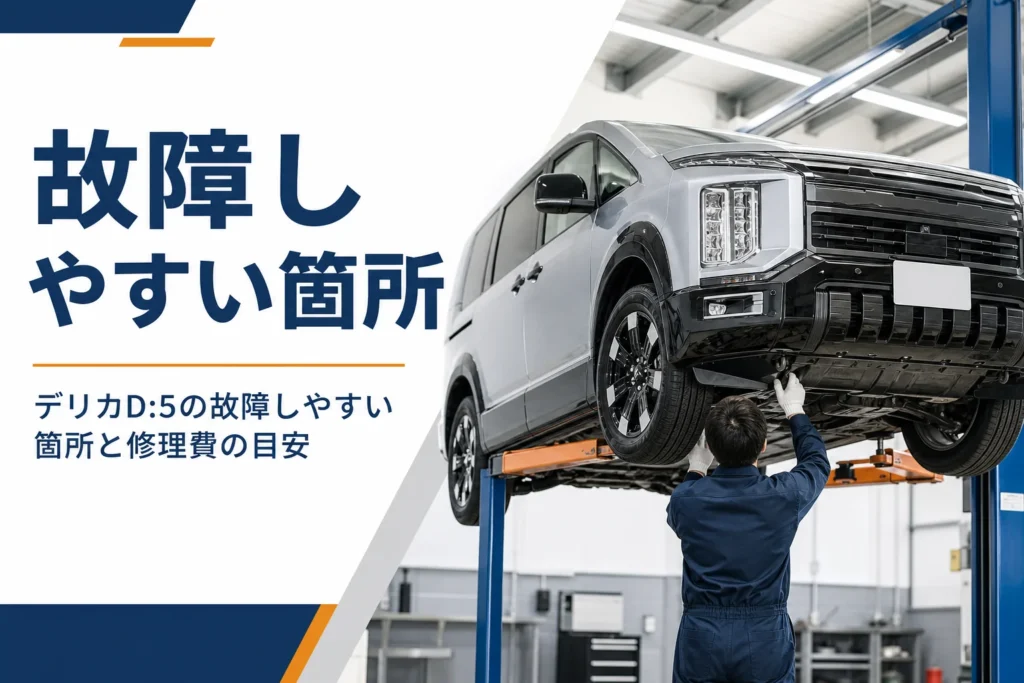 リフトに上げたミニバンの下回りを点検している整備工場の様子