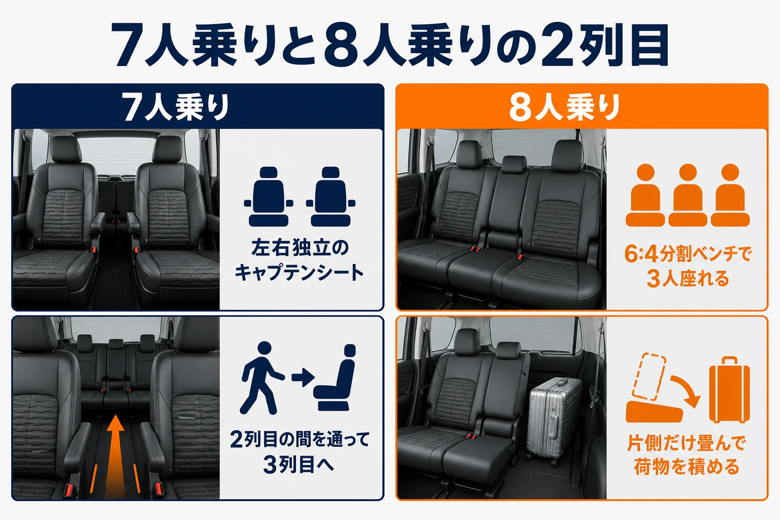 デリカD:5の7人乗りと8人乗りの後部座席を比べた図解