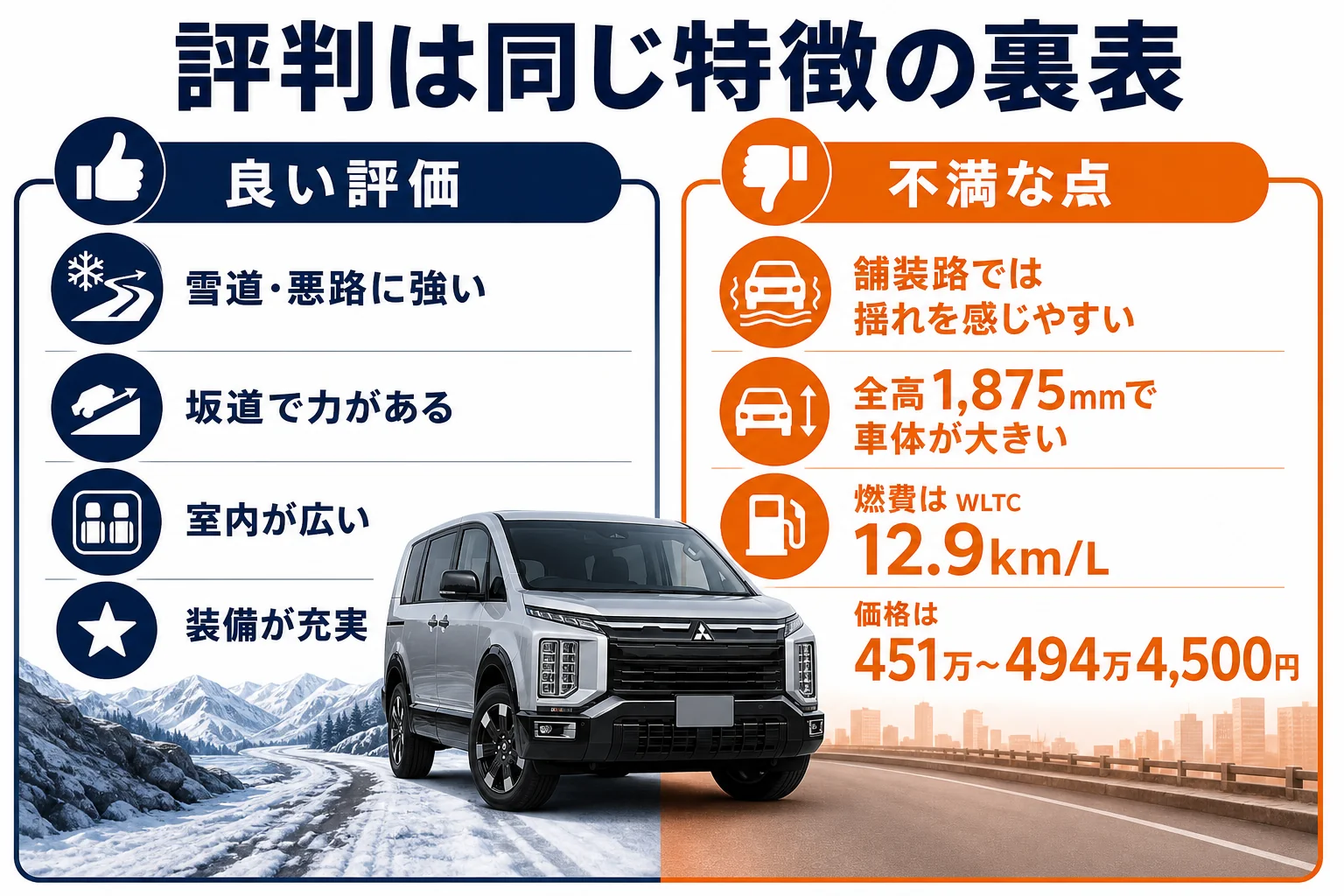 デリカD:5の良い評価と不満が裏表になっている関係の図解