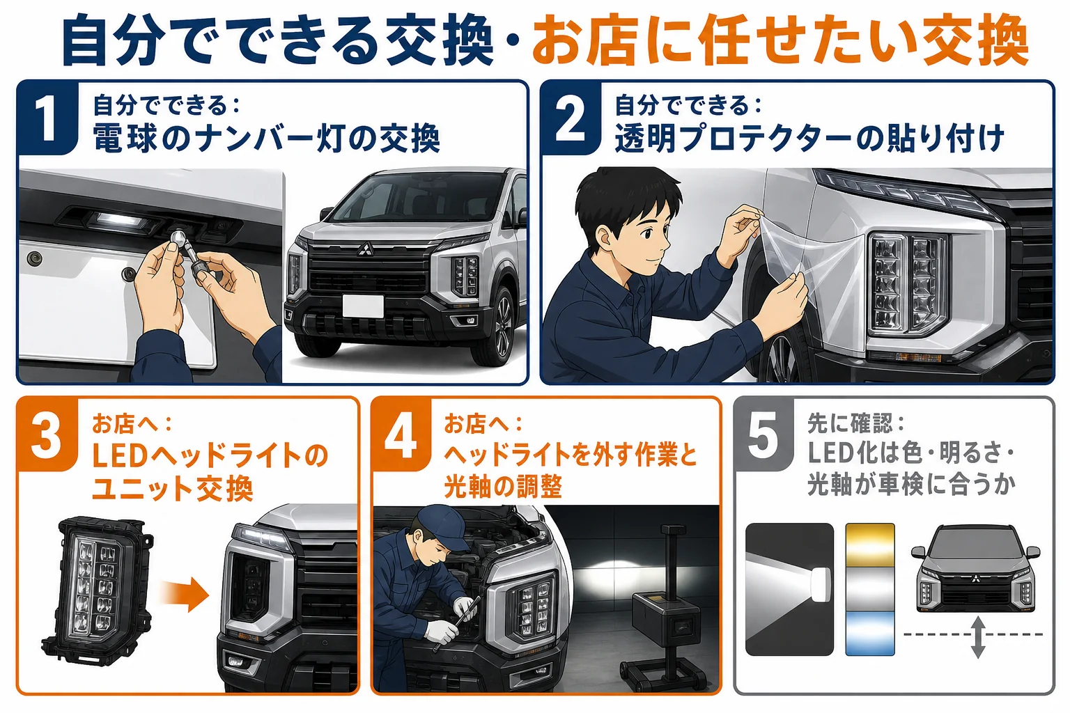 デリカD:5のライトの交換で自分でできることとお店に任せたいことを示した図解
