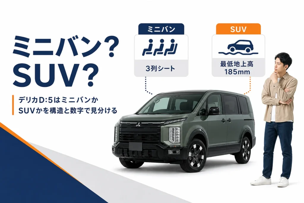 デリカD:5がミニバンとSUVの両方の特徴を持つことを示したアイキャッチ