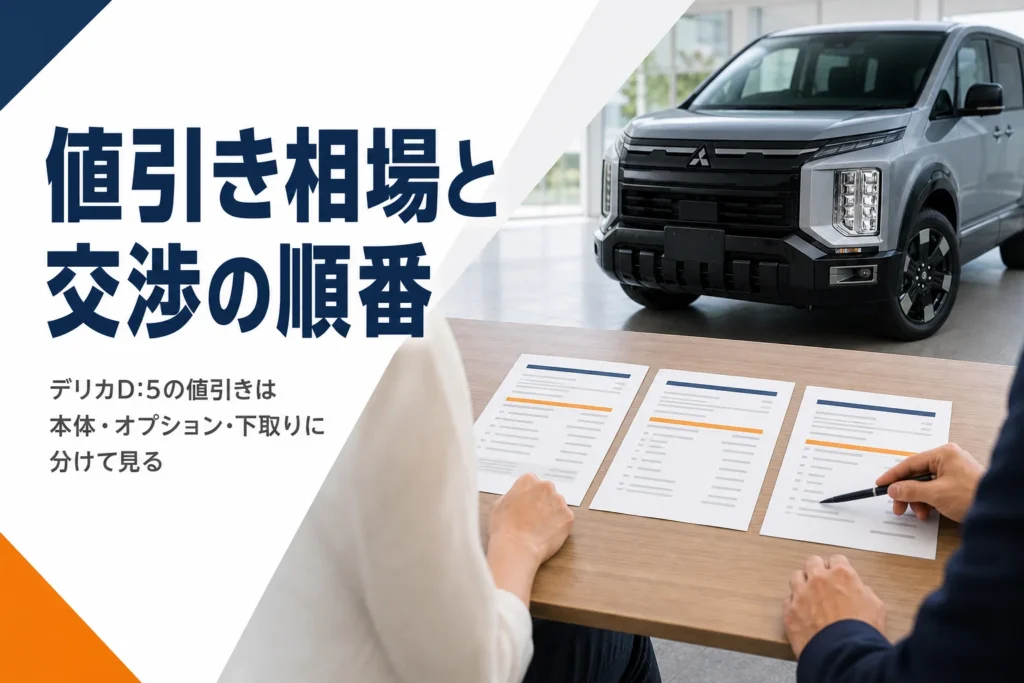 デリカD:5の見積書を並べて値引きを比べるイメージ