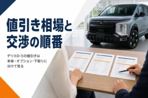 デリカD:5の見積書を並べて値引きを比べるイメージ