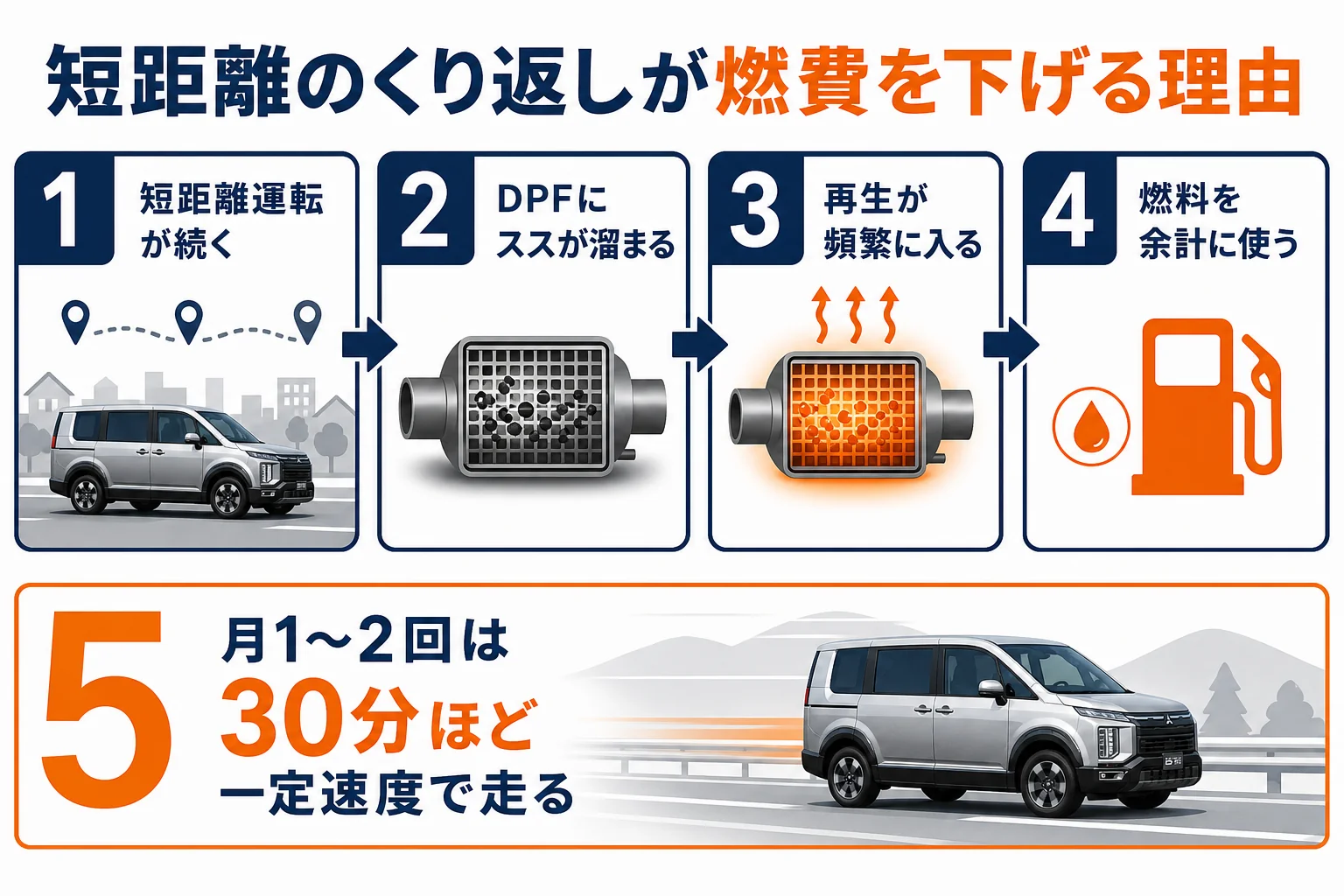 短距離運転とDPF再生が燃費に与える影響を示した図解