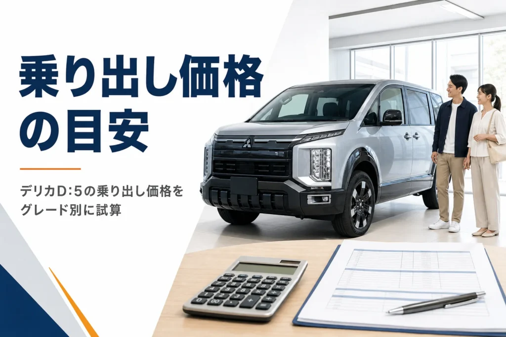 デリカD:5の乗り出し価格を見積書と電卓で計算するイメージ