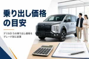 デリカD:5の乗り出し価格を見積書と電卓で計算するイメージ