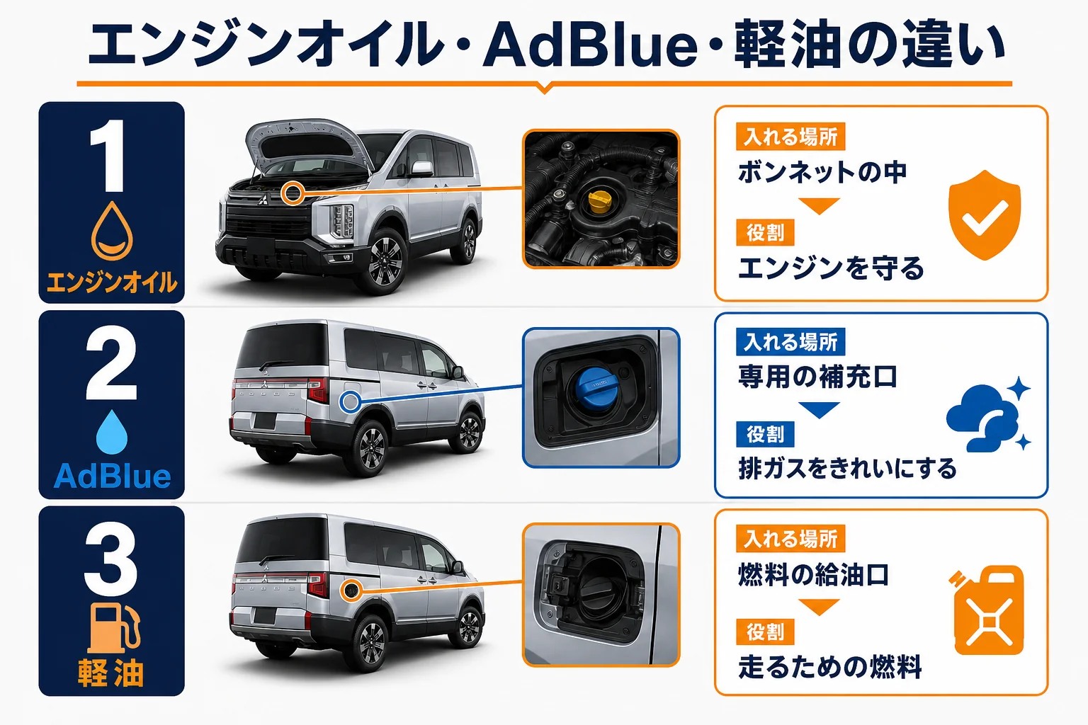 デリカD:5のエンジンオイル・AdBlue・軽油の入れ場所の違いを示した図解