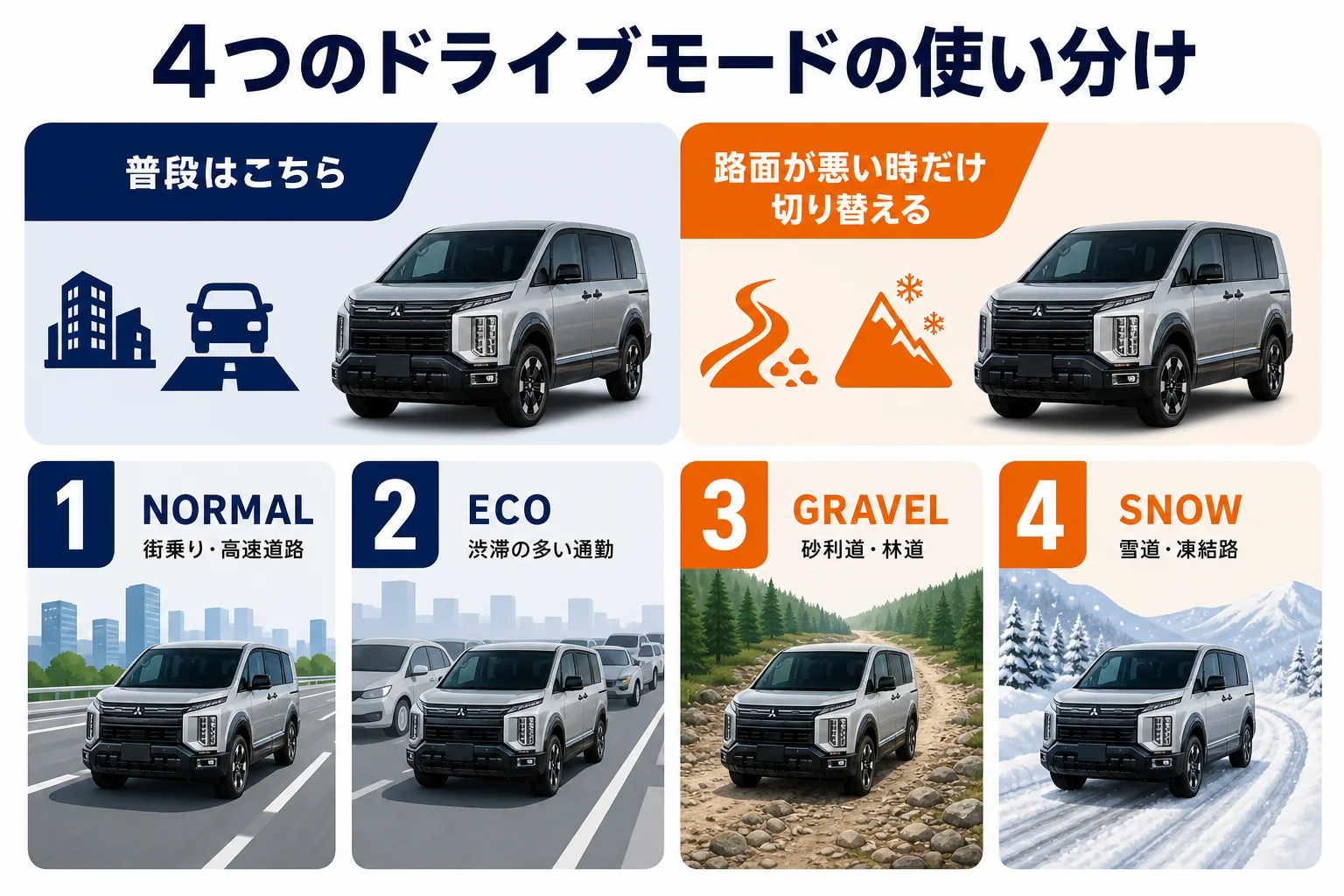 デリカD:5の4つのドライブモードの使い分けを示した図解