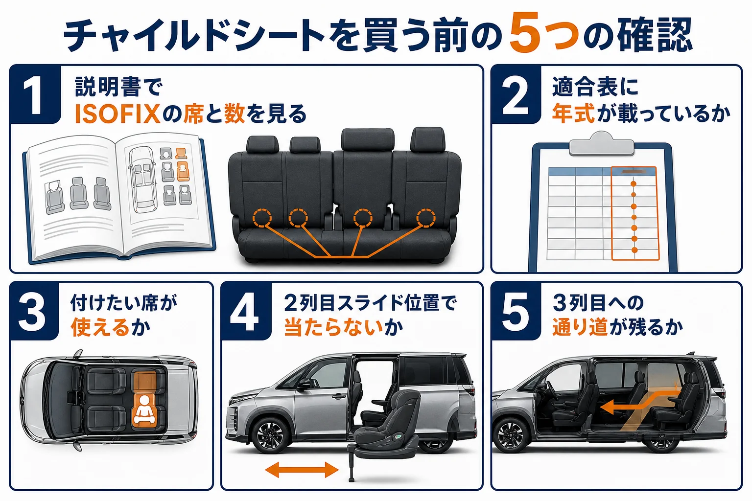 チャイルドシートを買う前に確かめたい5つの点の図解