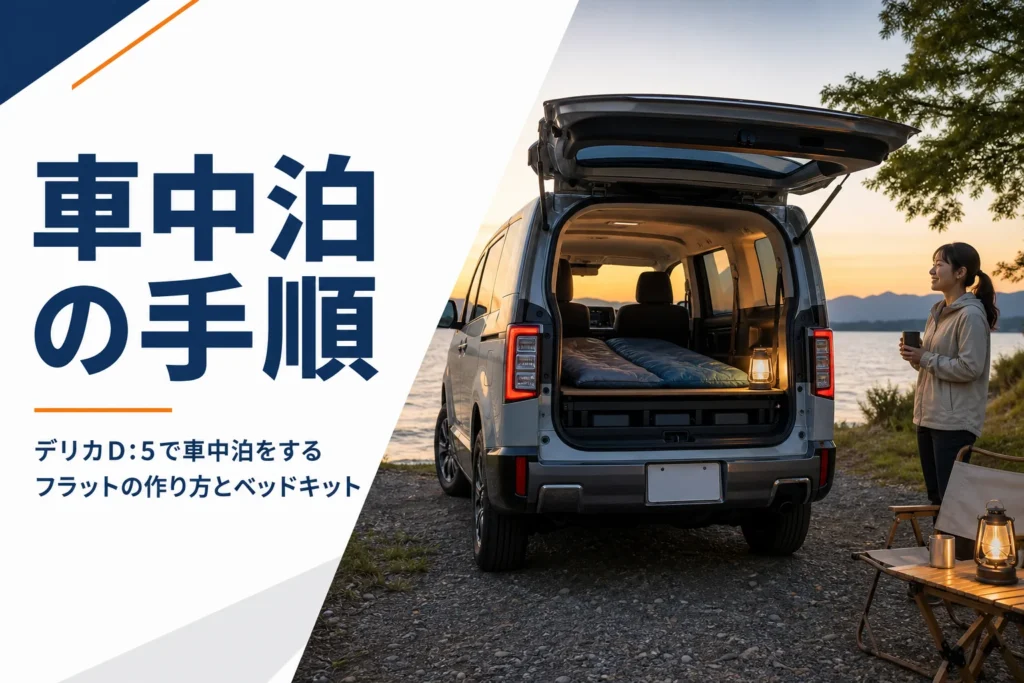湖畔で後ろを開けたミニバンの荷室に寝床を作ったイメージ