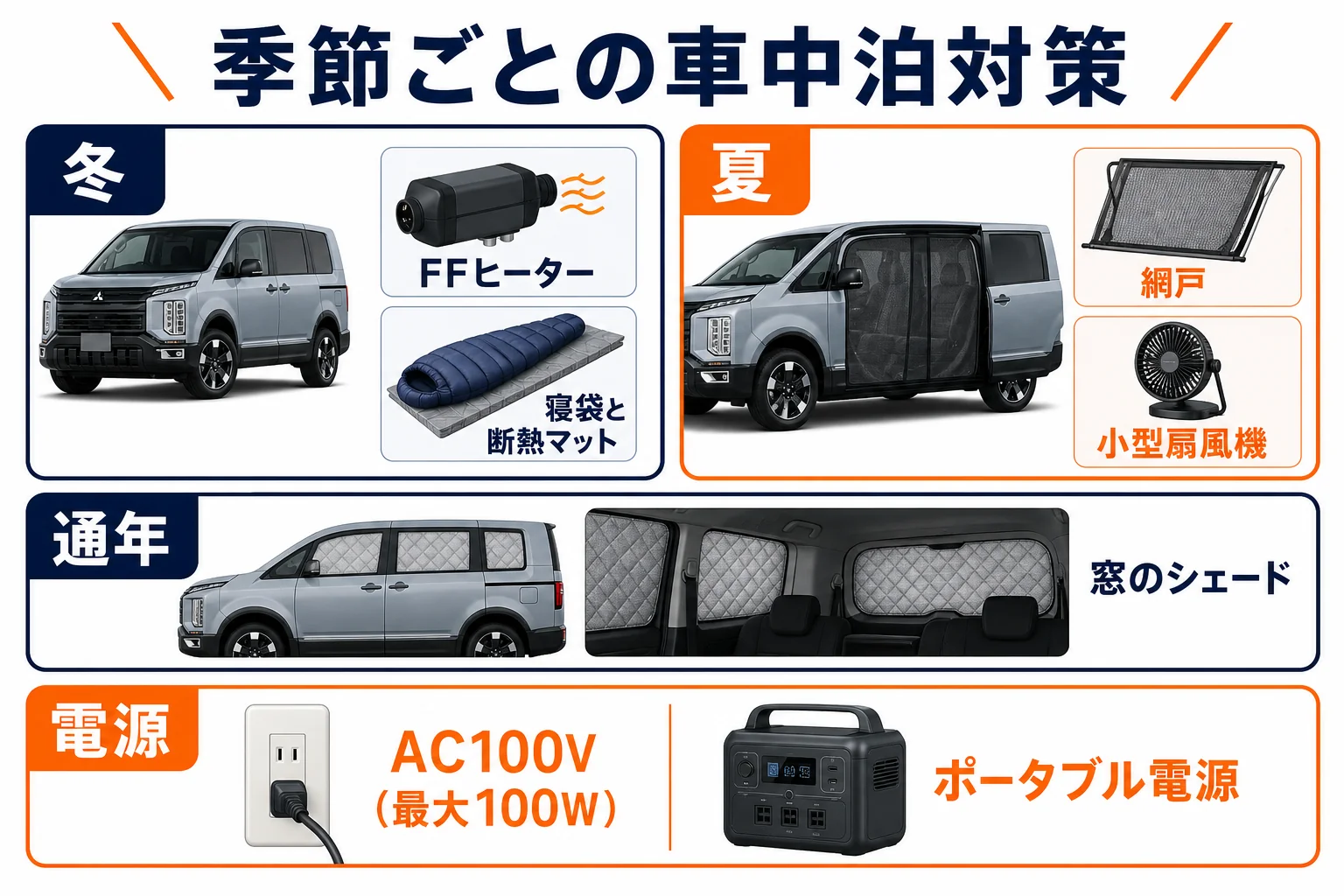 冬と夏の車中泊で使う装備をまとめた図