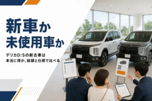デリカD:5の新車と未使用車を比べるイメージ