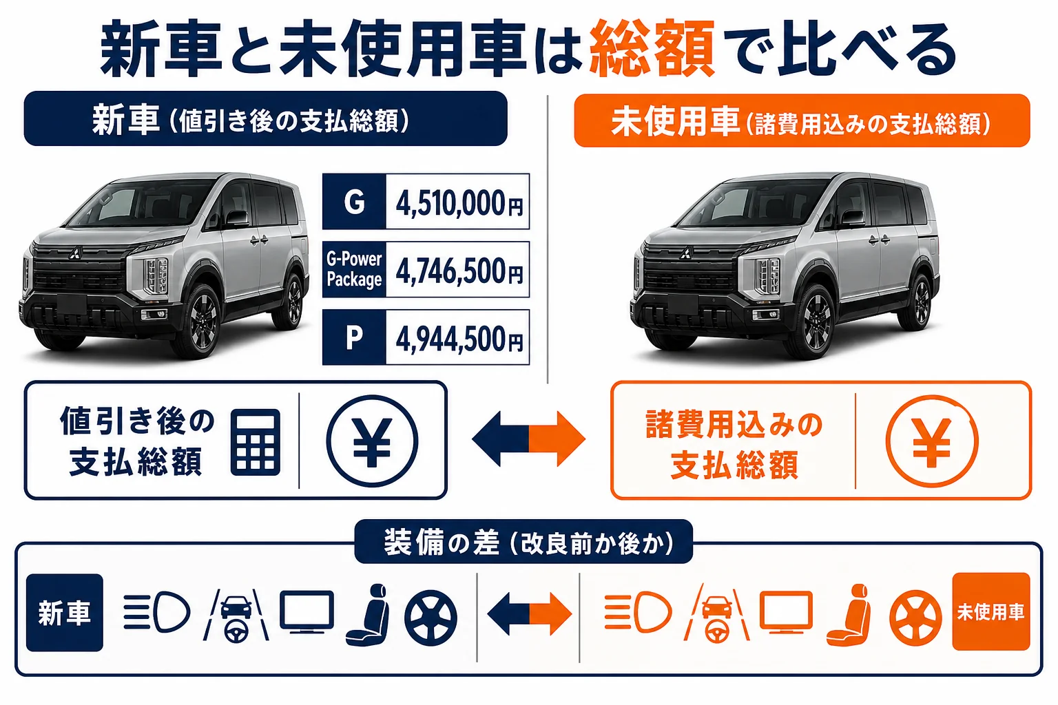 デリカD:5の新車と未使用車を総額で比べる手順を示した図解