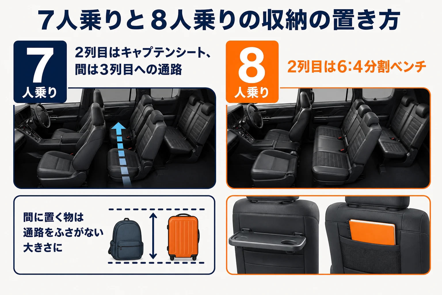 デリカD:5の7人乗りと8人乗りで違う収納の置き方を示した図解