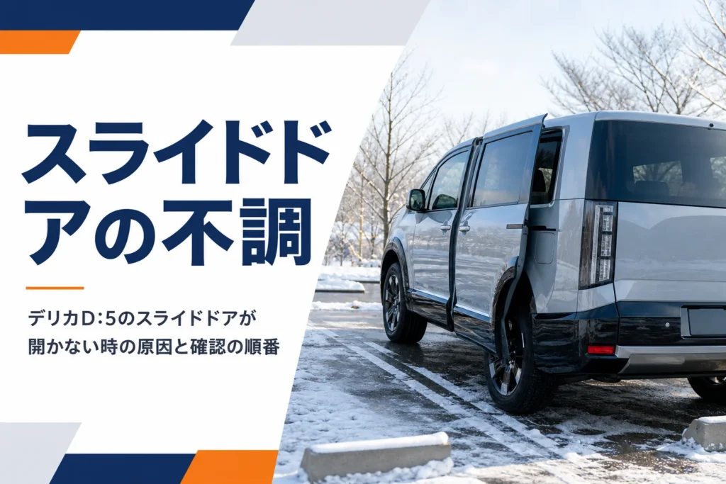 雪の残る駐車場で少し開いたミニバンのスライドドア