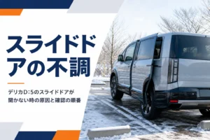 雪の残る駐車場で少し開いたミニバンのスライドドア