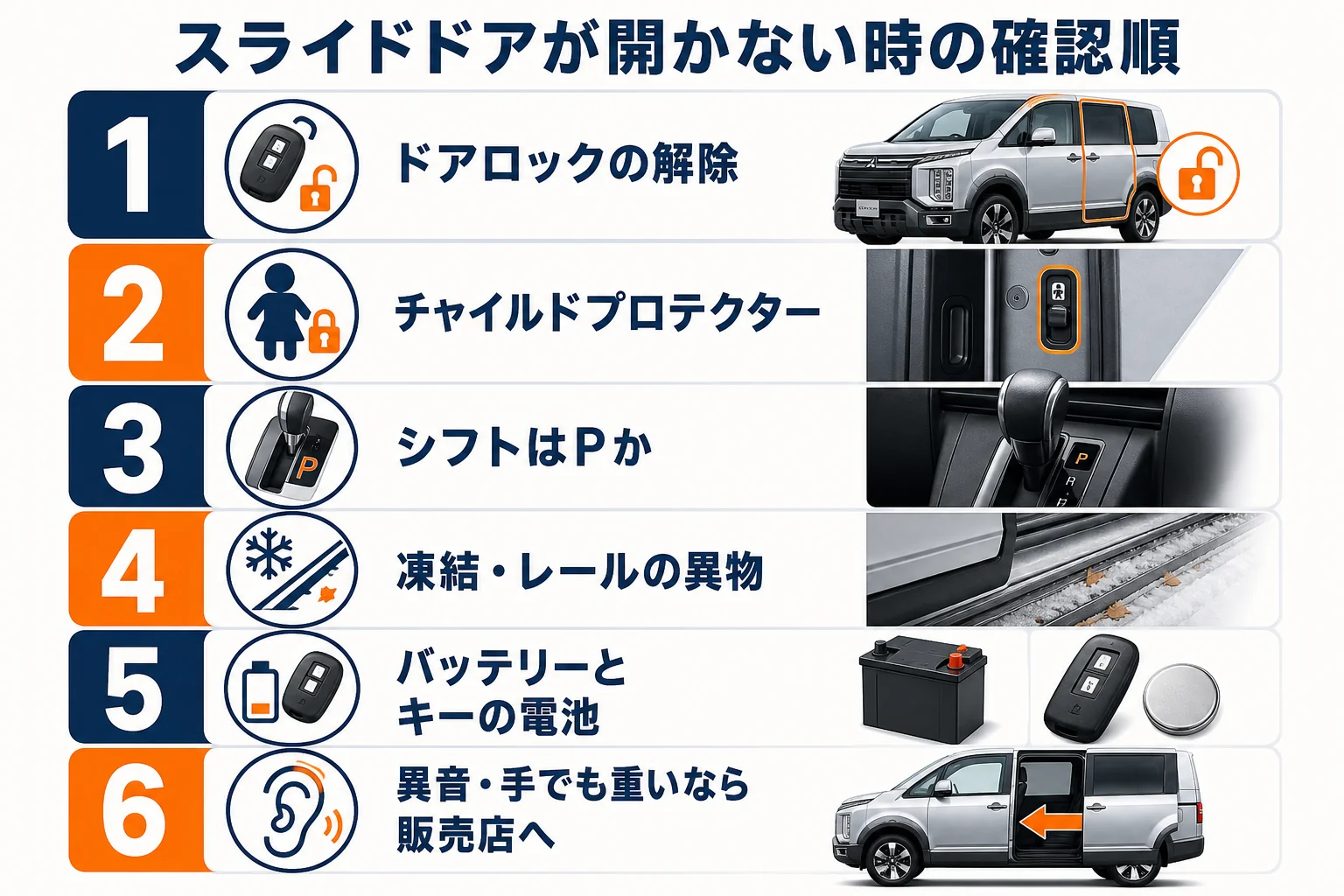 スライドドアが開かない時に確認する順番の図解