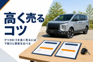 4WDミニバンの横のテーブルに並べた2枚の見積書と車のキー