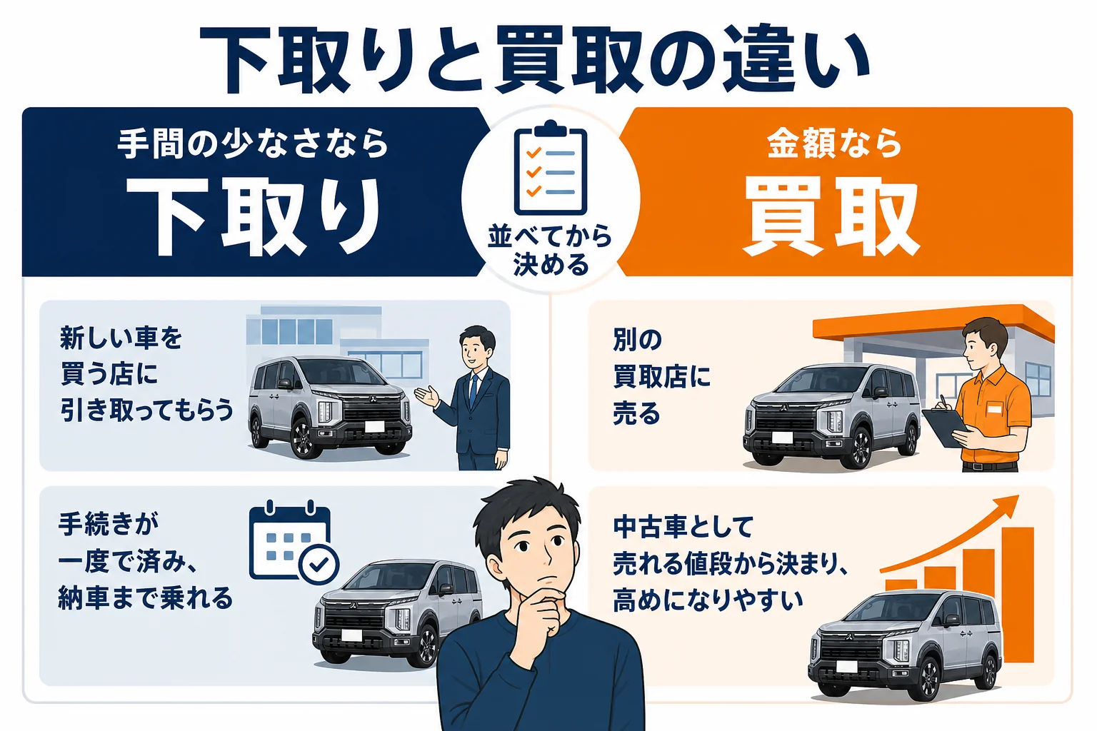 デリカD:5の下取りと買取の違いを示した図解