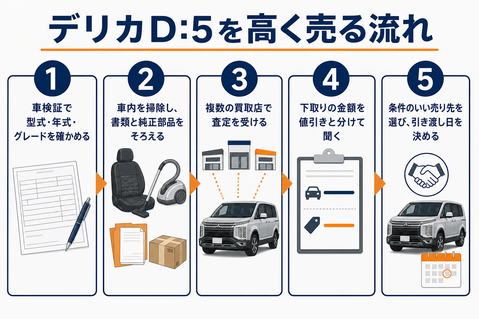 デリカD:5を高く売るための流れを示した図解