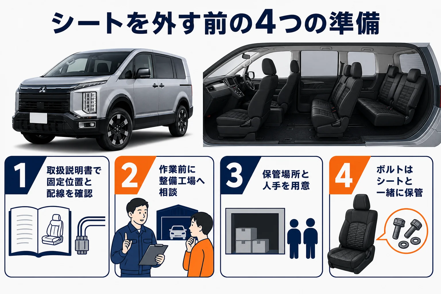 デリカD:5のシートを外す前にやっておくことをまとめた図
