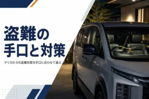 夜の駐車場でハンドルロックを付けたミニバン