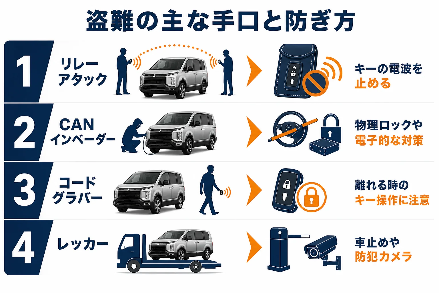 車の盗難の主な手口と防ぎ方の図解