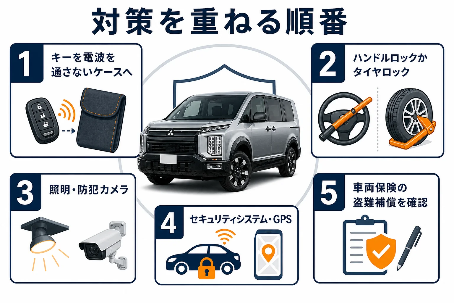 盗難対策を重ねる順番を示した図解