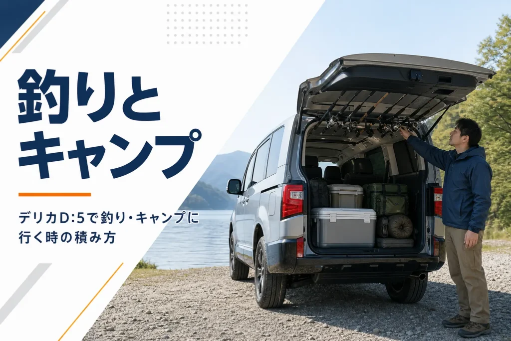 天井に釣竿を載せ荷室にキャンプ道具を積んだミニバン