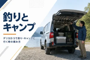 天井に釣竿を載せ荷室にキャンプ道具を積んだミニバン