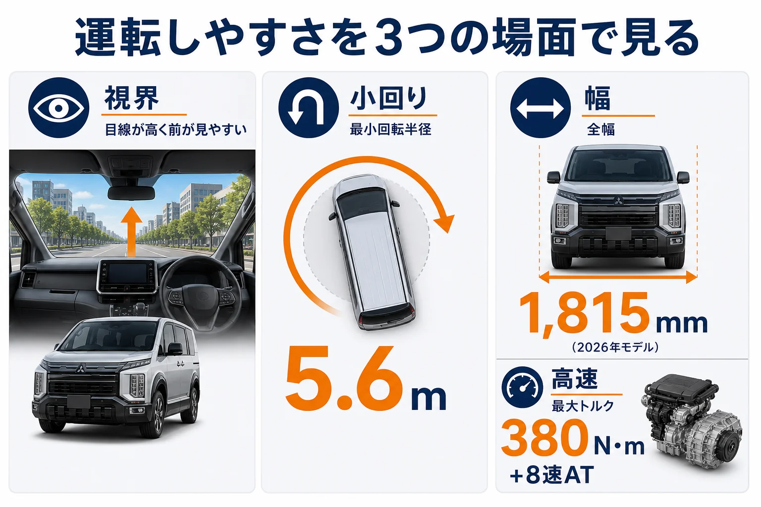 デリカD:5の運転しやすさを視界・小回り・高速の3つで見た図