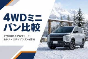 雪のキャンプ場に停まる4WDミニバンのイメージ