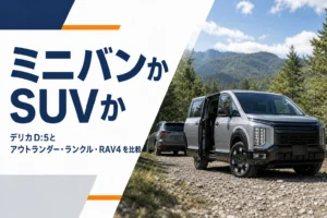 林道に停まるミニバンとSUVのイメージ
