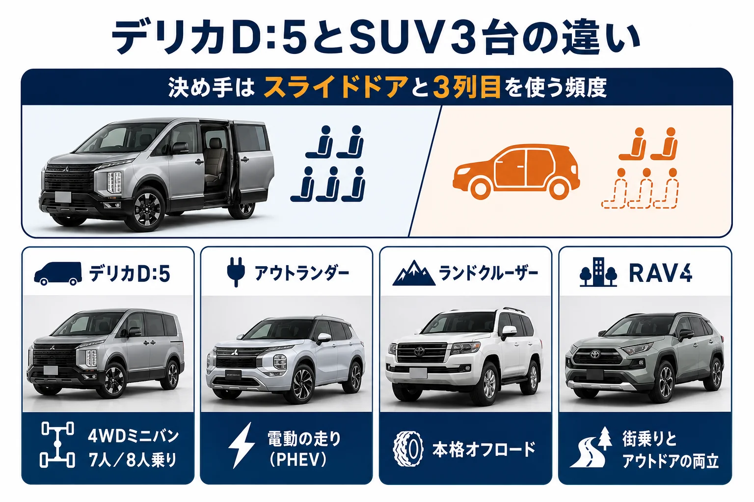 デリカD:5とSUV3台の違いをまとめた図解