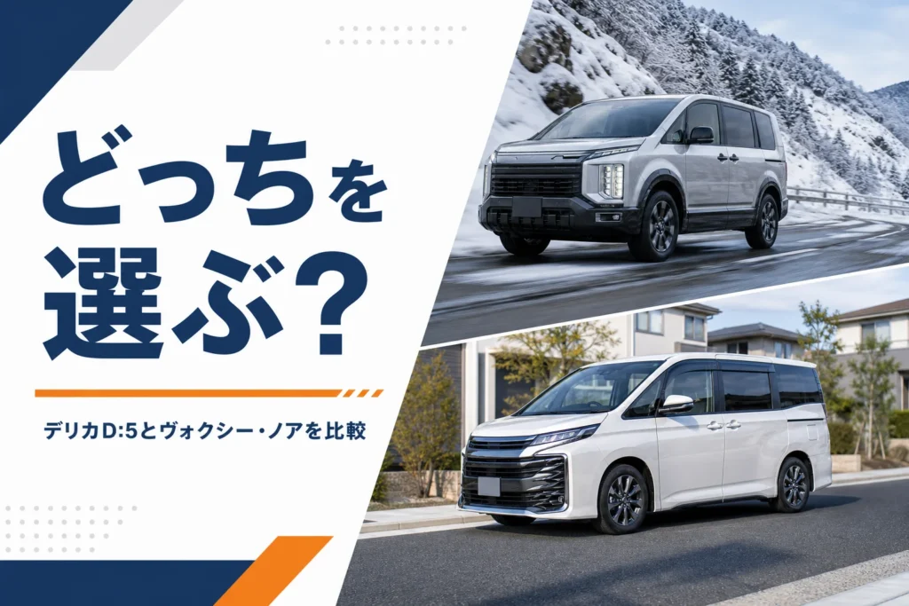 雪道を走るミニバンと街中のミニバンを並べたイメージ