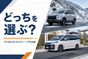 雪道を走るミニバンと街中のミニバンを並べたイメージ